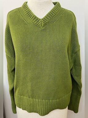 Banana Republic Chunky Knit Sweater Green V-Neck Cotton Pullover Size L